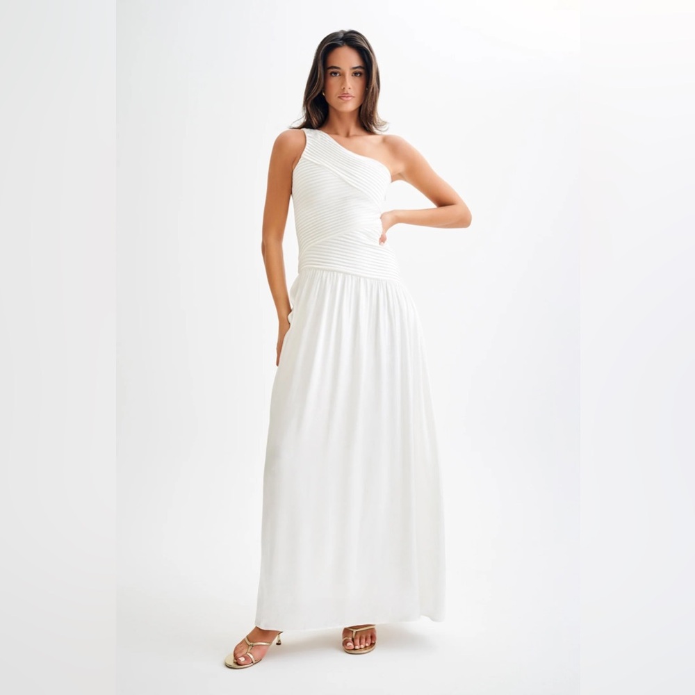 Meshki JENNA One Shoulder Pleated Maxi Dress Satin Ivory Bridal